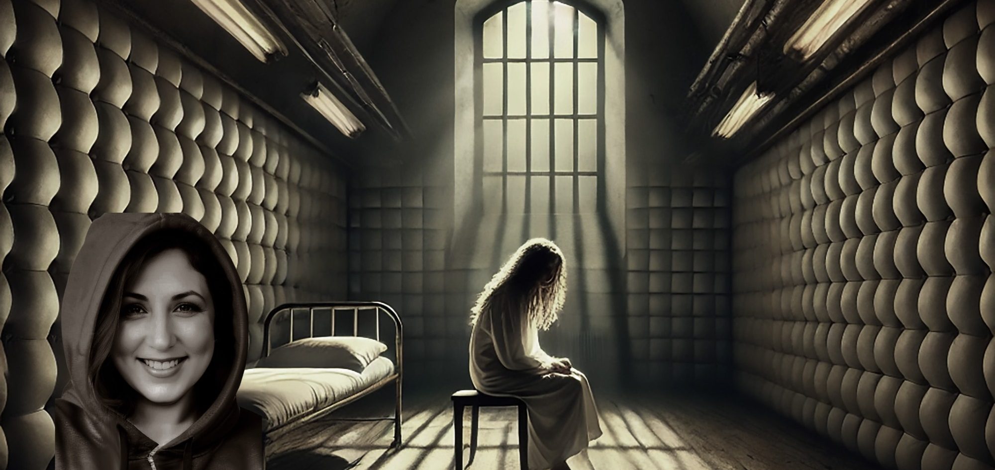 A dimly lit cell features a seated figure with long hair and a bed, alongside an inset face.